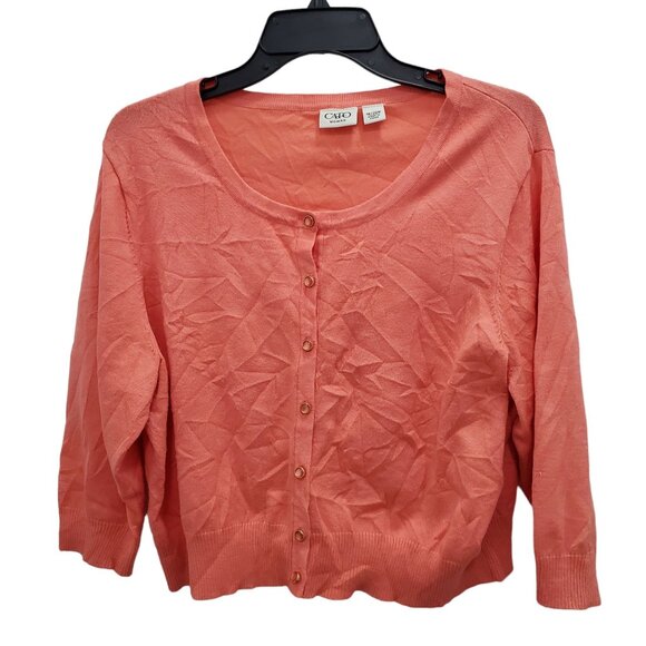 Cato Sweaters - Cato Woman's Neon Coral Melon Rayon Knit Gem Button Up 3/4 Cardigan Plus 18/20W